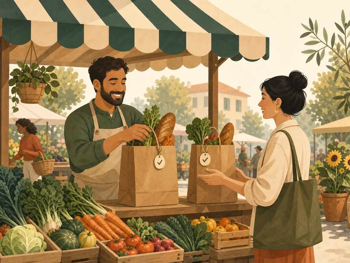 A vendor hands a prepared order to a customer at a market