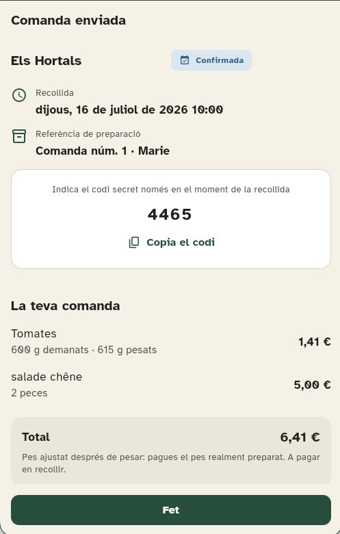 Confirmed order with time, amount and code