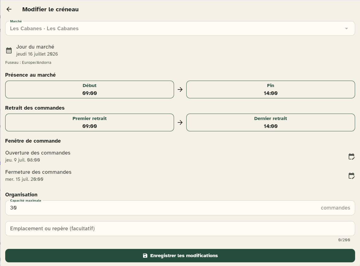 Form for setting up a market time slot