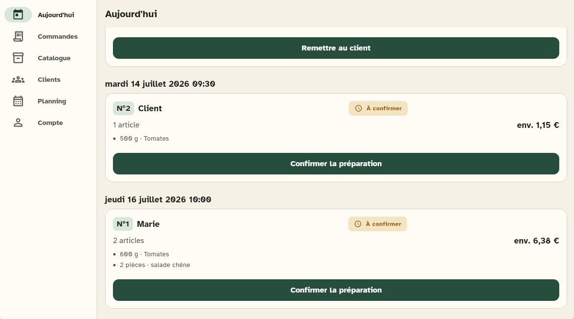 The vendor's Today screen with the orders grouped together